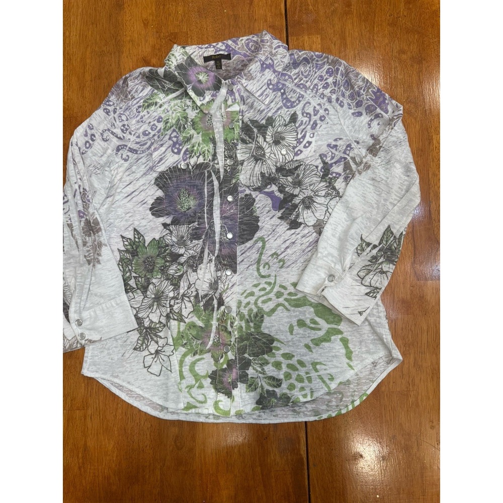 Reba Women Pearl Snap Button Up Shirt Floral Multicolored Cotton Size Medium